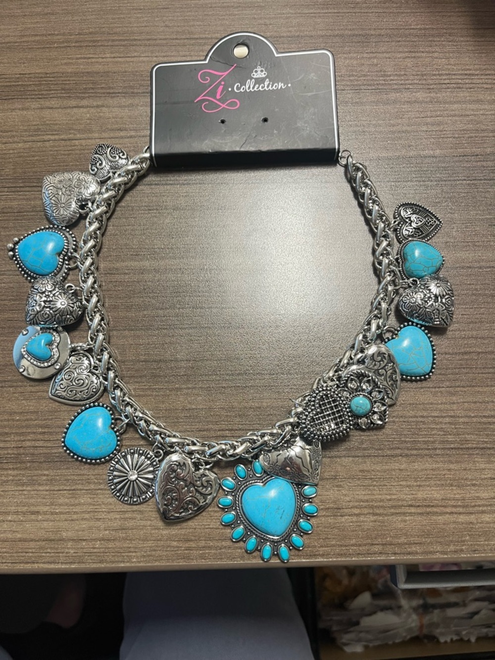 Paparazzi Silver-Tone Necklace with Turquoise Blue Heart Charms
